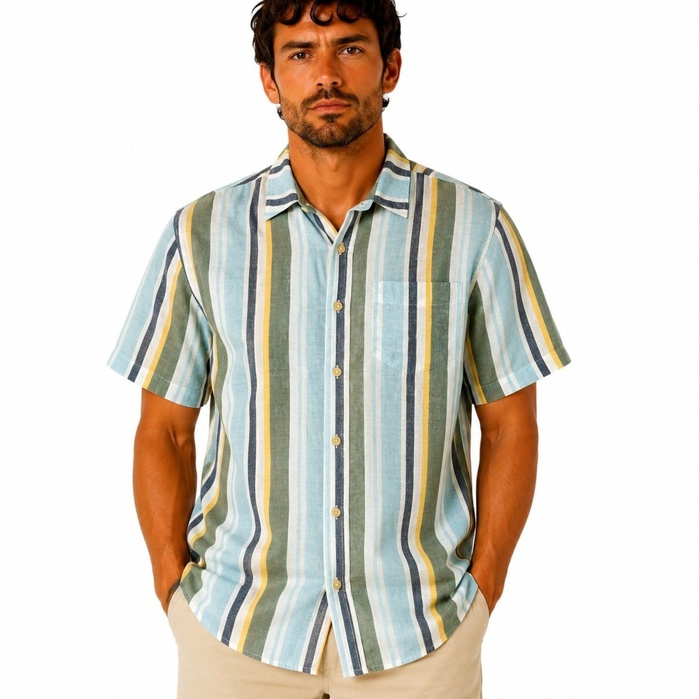 Aeropostale Button Down Shirt Mens Medium Blue Green Striped Cotton Hemp 2656